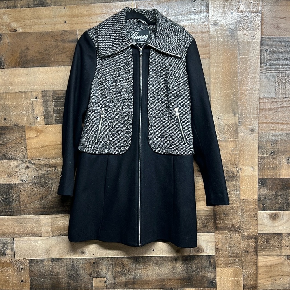 Guess Tweed Herringbone Moto Wool Blend Winter Trench Coat Jacket Women's Size L